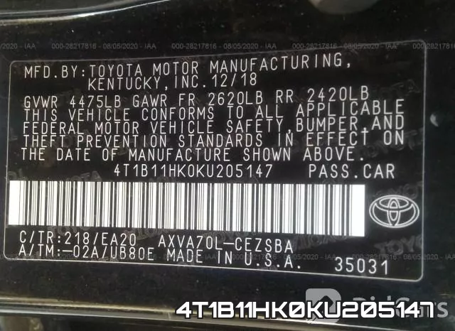 4T1B11HK0KU205147 фото 10