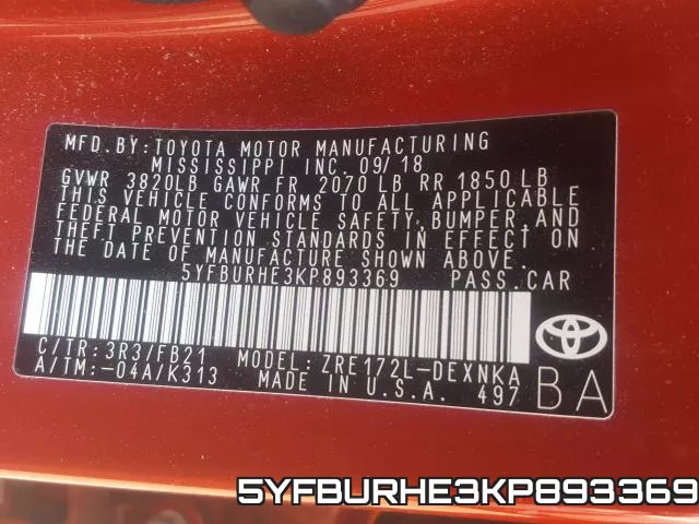 5YFBURHE3KP893369 фото 2