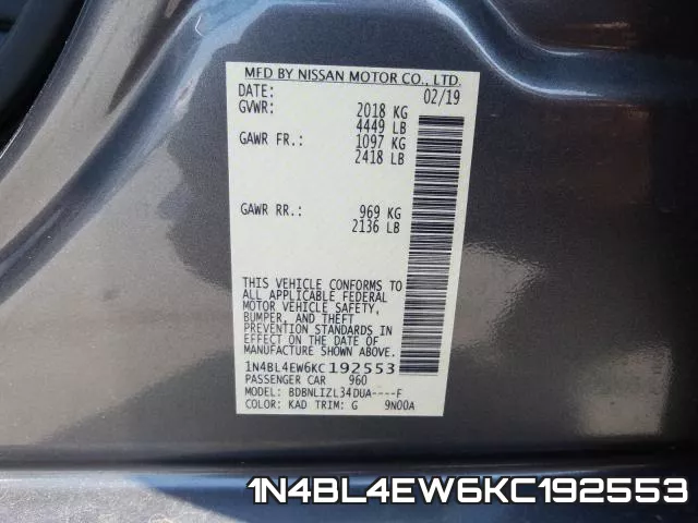 1N4BL4EW6KC192553 фото 2