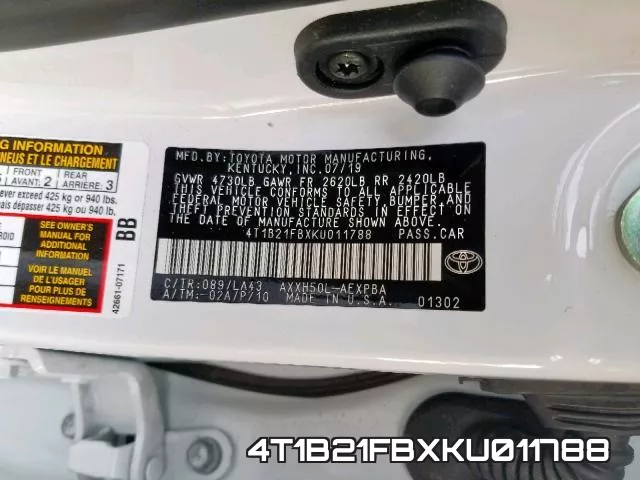 4T1B21FBXKU011788 фото 2