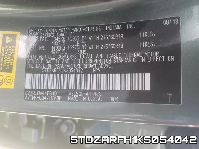 5TDZARFH1KS054042 фото 2