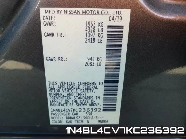 1N4BL4CV7KC236392 фото 2