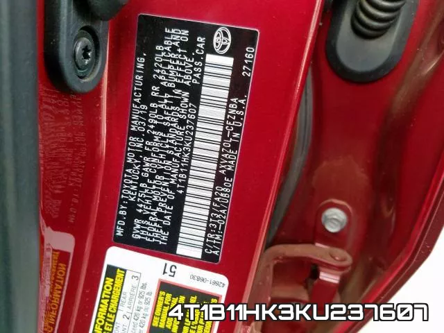 4T1B11HK3KU237607 фото 2