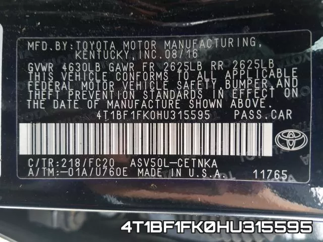 4T1BF1FK0HU315595 фото 2