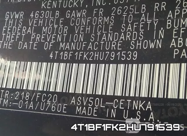 4T1BF1FK2HU791539 фото 10