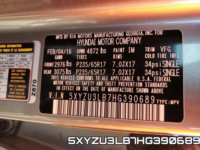 5XYZU3LB7HG390689 фото 2