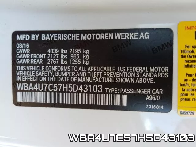 WBA4U7C57H5D43103 фото 2