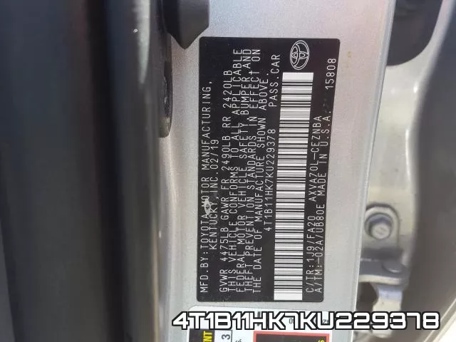 4T1B11HK7KU229378 фото 2