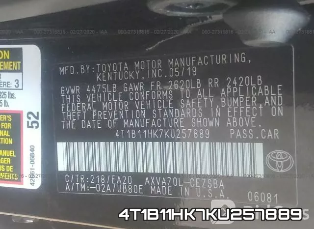 4T1B11HK7KU257889 фото 10
