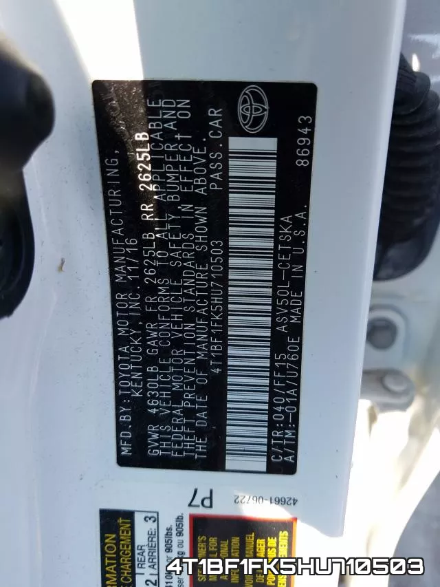 4T1BF1FK5HU710503 фото 2