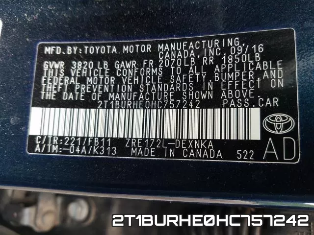 2T1BURHE0HC757242 фото 2