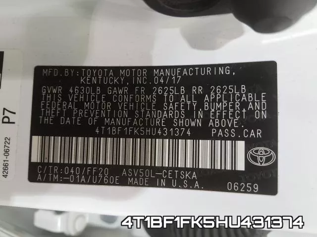 4T1BF1FK5HU431374 фото 2