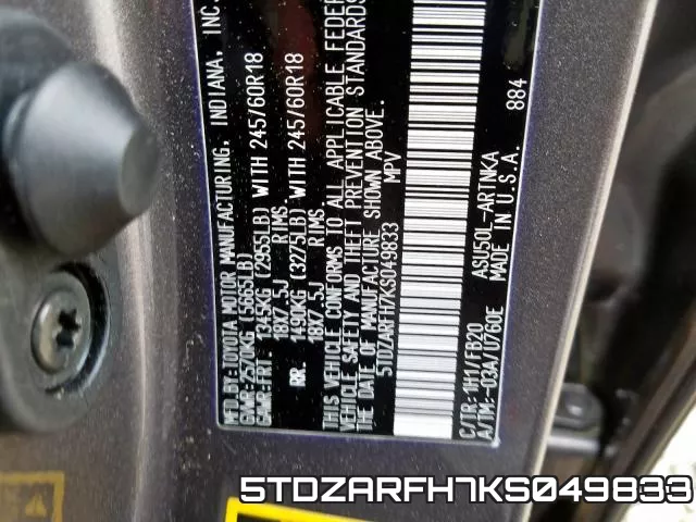 5TDZARFH7KS049833 фото 2