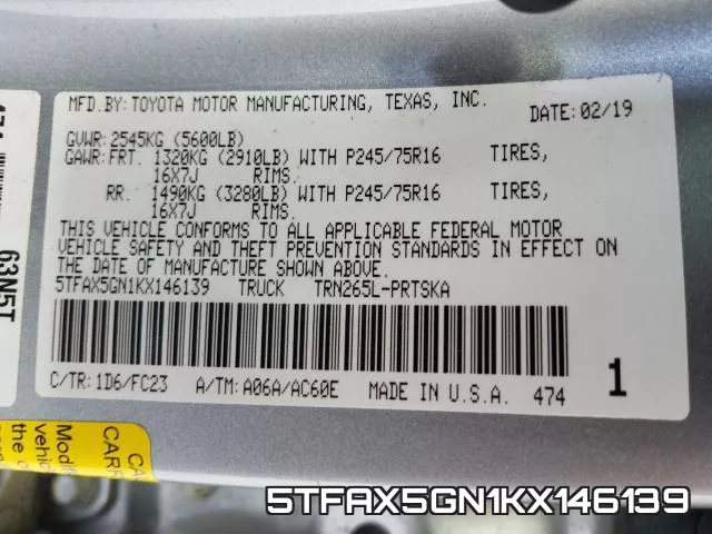 5TFAX5GN1KX146139 фото 2