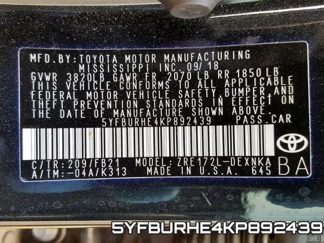 5YFBURHE4KP892439 фото 2