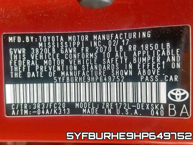 5YFBURHE9HP649752 фото 2