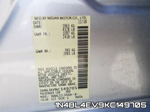 1N4BL4EV9KC149705 фото 2