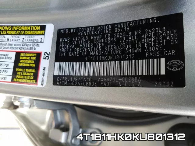 4T1B11HK0KU801312 фото 2