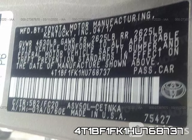 4T1BF1FK1HU768737 фото 10