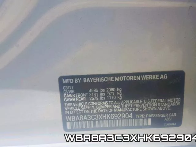 WBA8A3C3XHK692904 фото 2