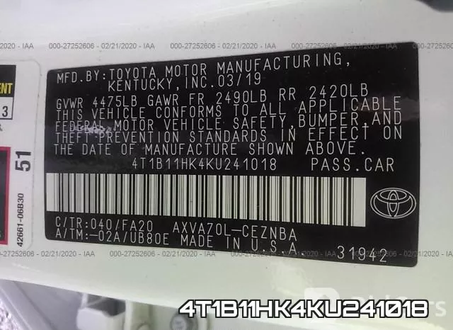 4T1B11HK4KU241018 фото 10