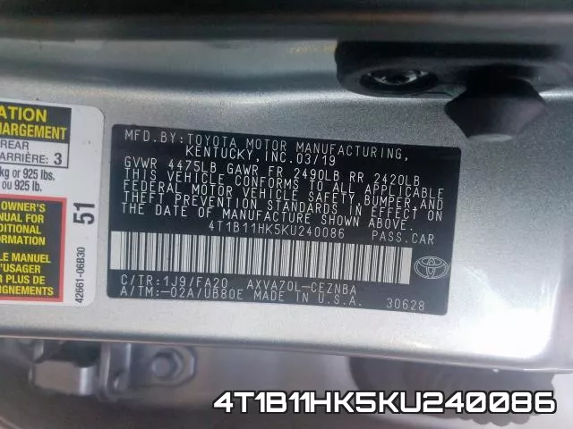 4T1B11HK5KU240086 фото 2