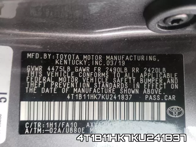 4T1B11HK7KU241837 фото 2