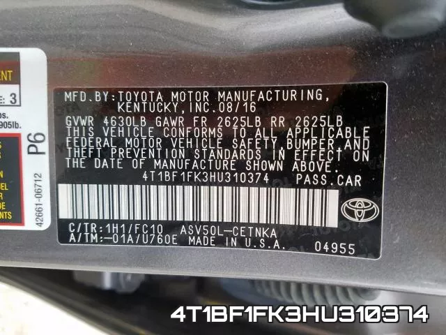 4T1BF1FK3HU310374 фото 2