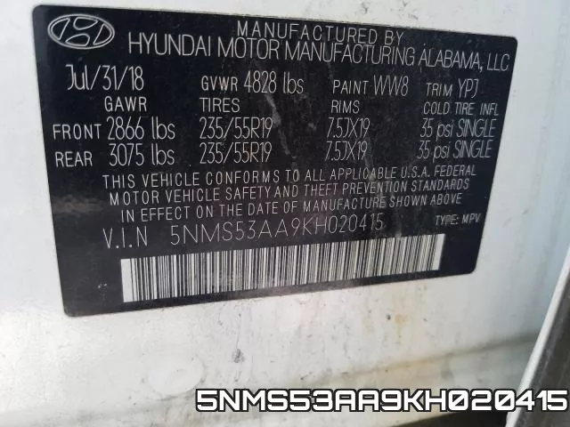 5NMS53AA9KH020415 фото 2