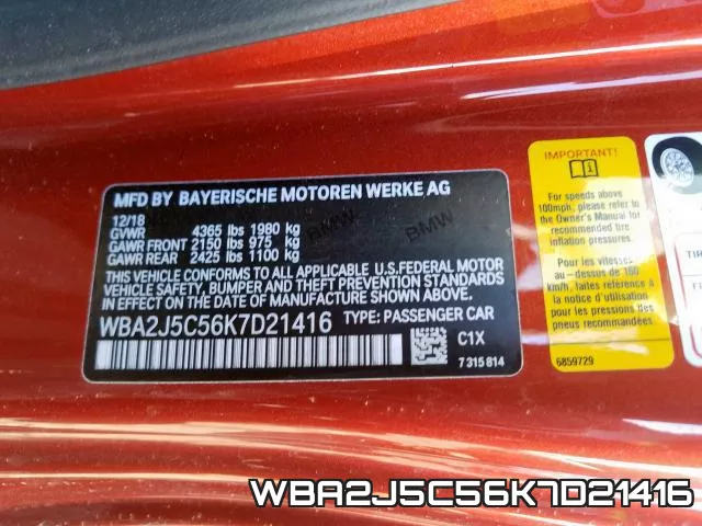 WBA2J5C56K7D21416 фото 2