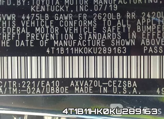 4T1B11HK0KU289163 фото 10