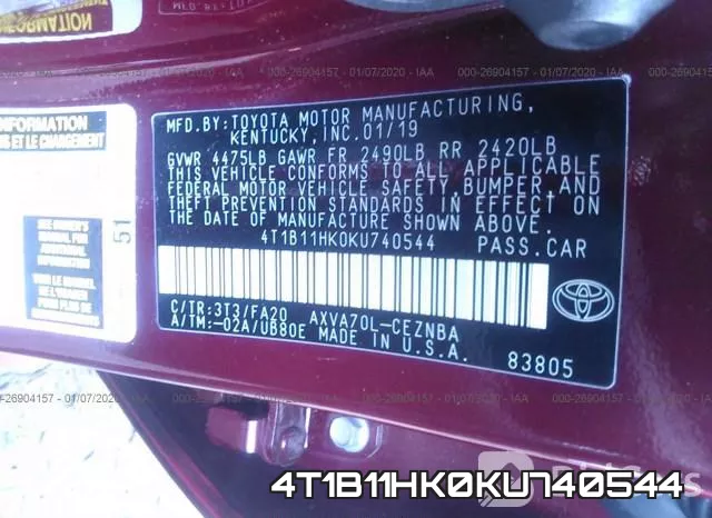 4T1B11HK0KU740544 фото 10
