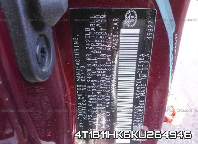 4T1B11HK6KU264946 фото 10