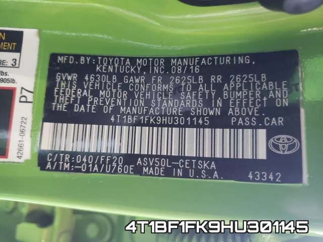 4T1BF1FK9HU301145 фото 2