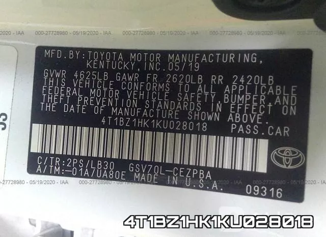 4T1BZ1HK1KU028018 фото 10