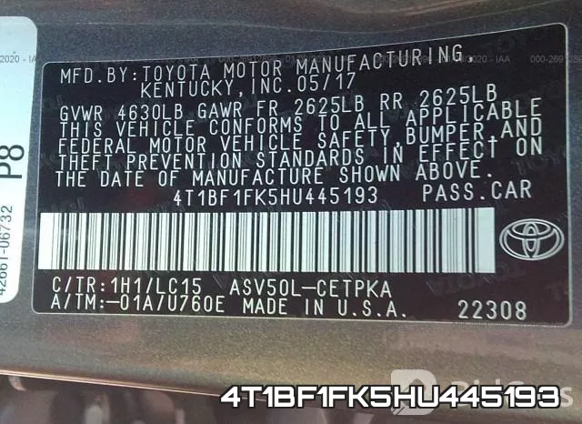 4T1BF1FK5HU445193 фото 10