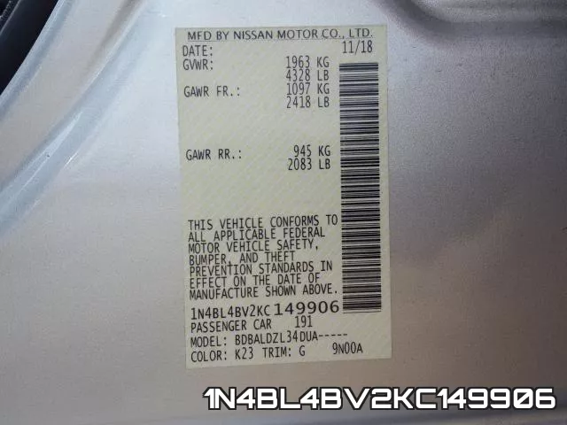 1N4BL4BV2KC149906 фото 2