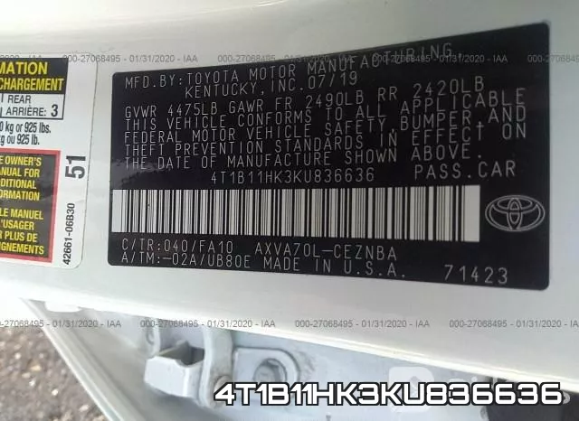 4T1B11HK3KU836636 фото 10