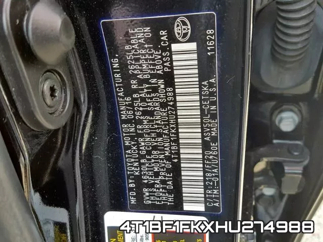 4T1BF1FKXHU274988 фото 2