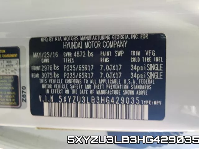 5XYZU3LB3HG429035 фото 2