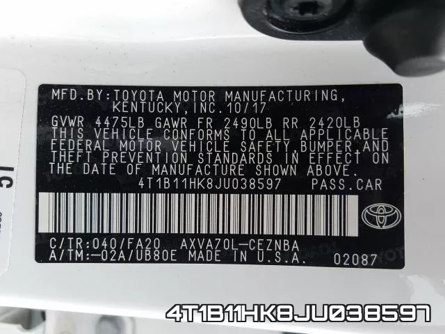 4T1B11HK8JU038597 фото 2