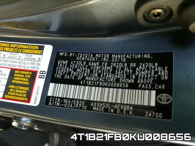 4T1B21FB0KU008656 фото 2