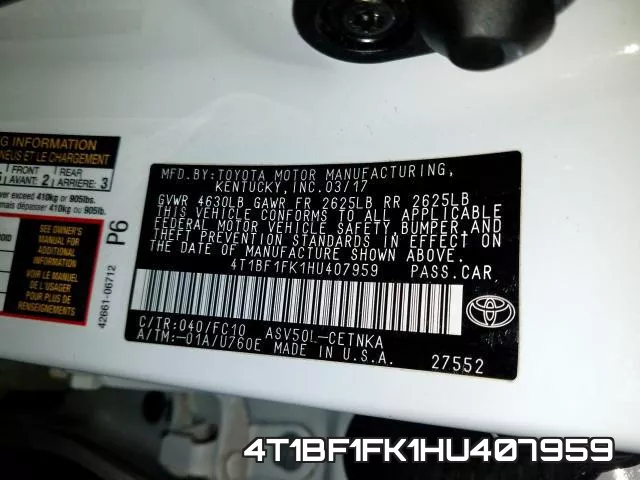 4T1BF1FK1HU407959 фото 2
