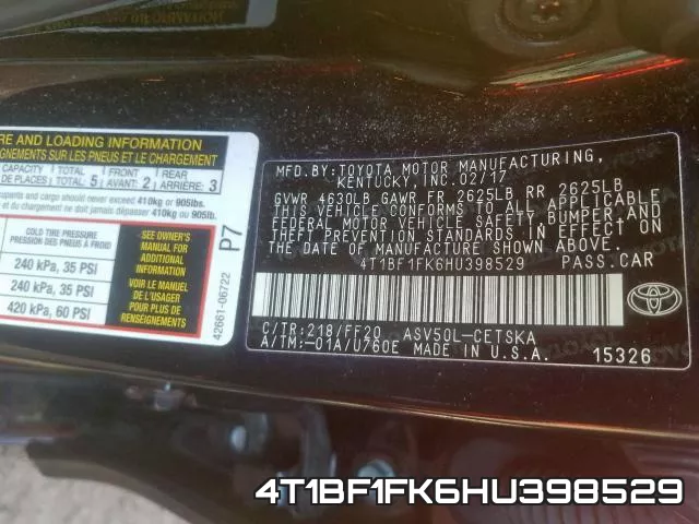 4T1BF1FK6HU398529 фото 2