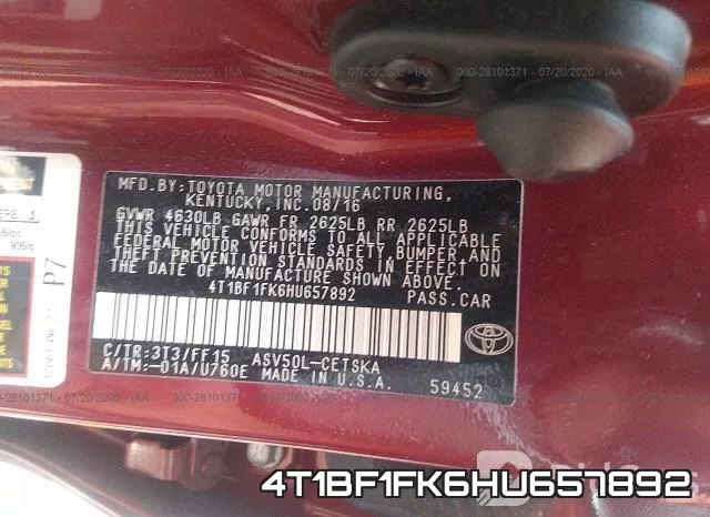 4T1BF1FK6HU657892 фото 10