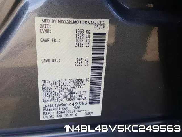 1N4BL4BV5KC249563 фото 2