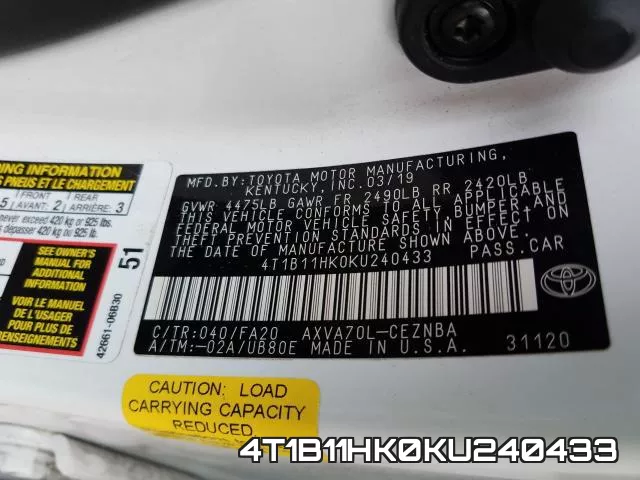 4T1B11HK0KU240433 фото 2