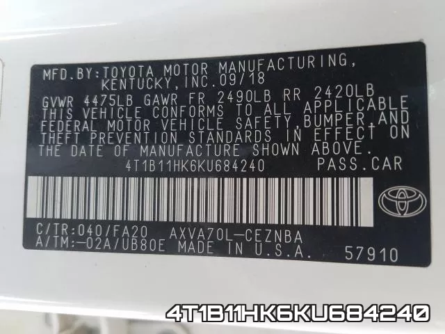 4T1B11HK6KU684240 фото 2