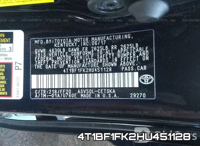 4T1BF1FK2HU451128 фото 10