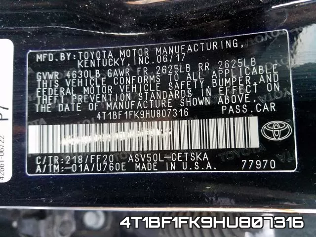 4T1BF1FK9HU807316 фото 2
